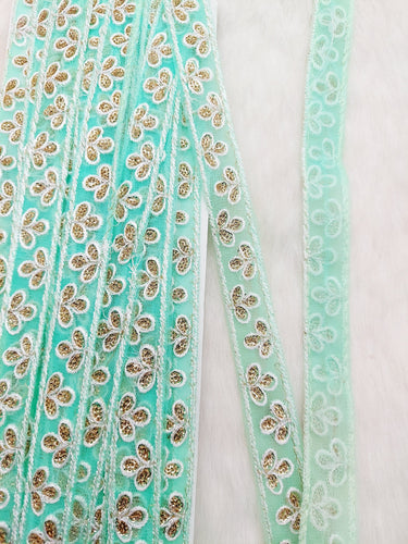 Wholesale Mint Green Net Lace Floral Embroidery & Glitter Gold Sequins, Indian Wedding Border, Gifting Ribbon Costume Trim Fashion Trimming